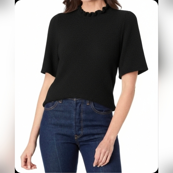 Lilla P Sweaters - Lilla P Elbow Half Sleeve Ruffle Mock Neck Cashmere Blend Sweater, Black, Medium